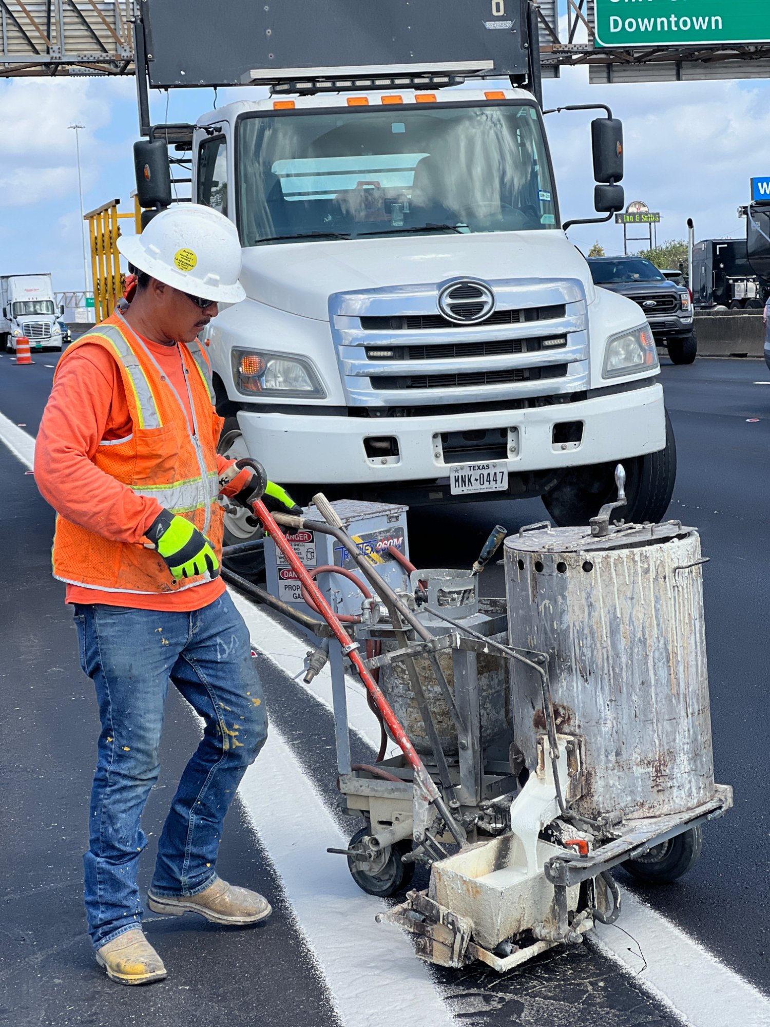 Republic Traffic Safety crew doing thermoplastic pavement marking on Houston highway